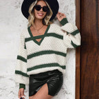 Pull rayé en maille à col V pour femmes