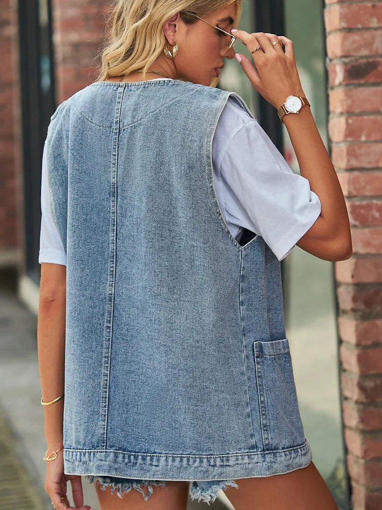 Gilet en jean vintage à grand col en V pour femmes