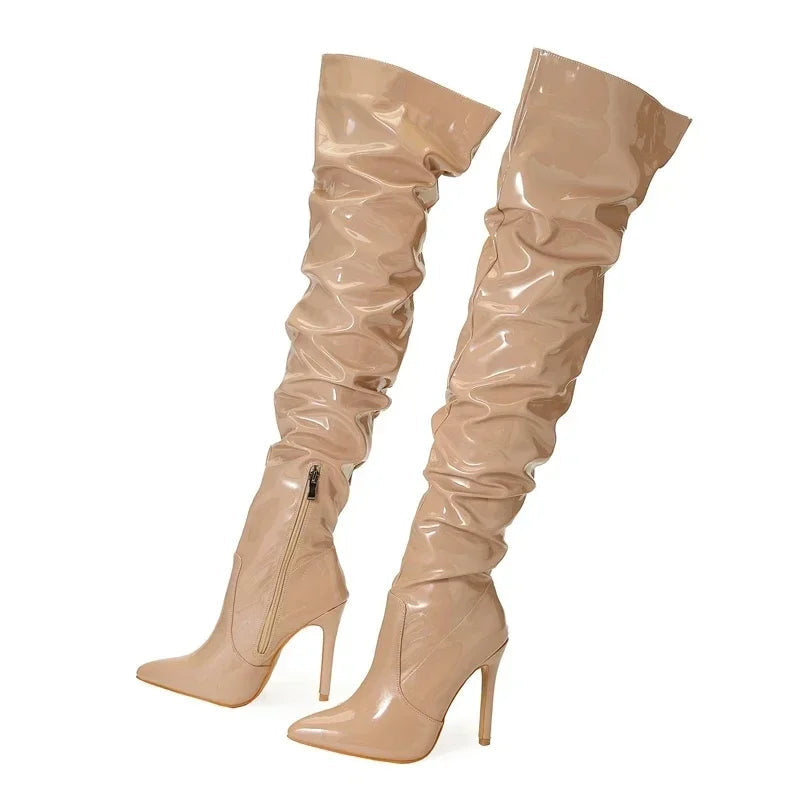 Cuissardes mode en cuir verni bout pointu fermeture éclair pour femmes
