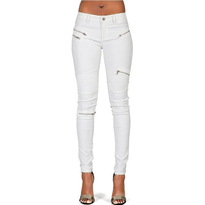 Pantalon Blanc Taille Basse en Similicuir à Détails Zippés
