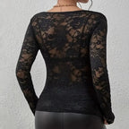 Chemisier sexy noir en dentelle à manches longues pour femmes