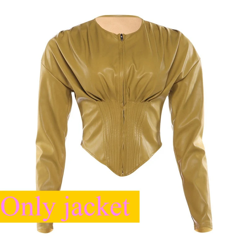Ensemble 2 pièces tendance patchwork en cuir haut court à manches longues + pantalon assorti pour femmes