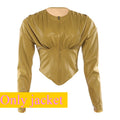 Ensemble 2 pièces tendance patchwork en cuir haut court à manches longues + pantalon assorti pour femmes