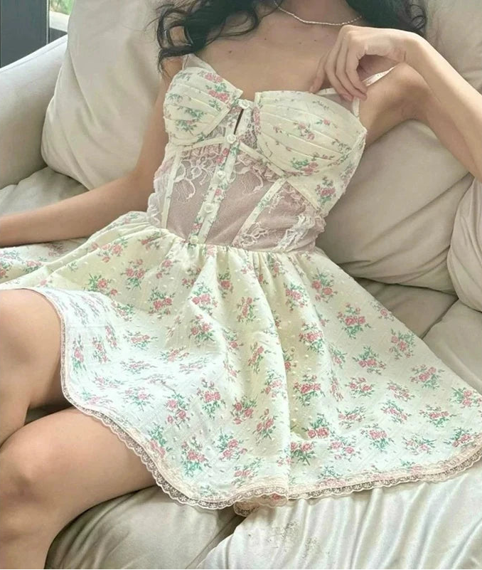 Mini Robe en Dentelle à Imprimé Floral pour Femmes