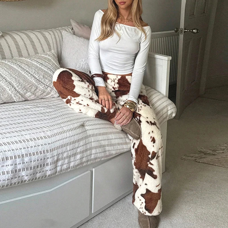 Pantalon pyjama femme ample en flanelle à imprimé vache
