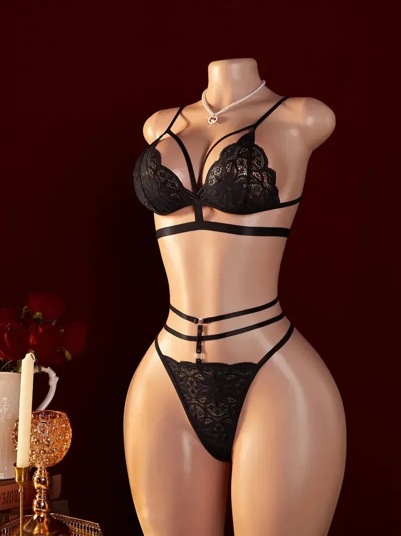 Ensemble de soutien-gorge ouvert en dentelle transparente pour femmes