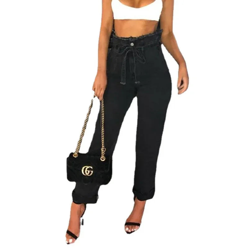 Pantalon décontracté en jean déchiré à taille élastique pour femmes