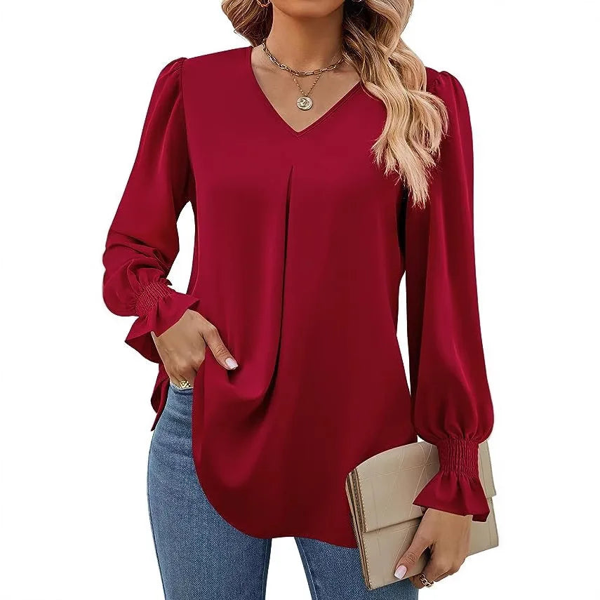 Pull-over à manches évasées et col en V pour femmes