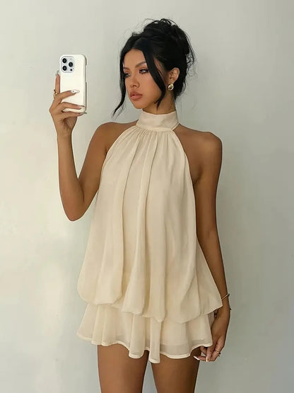 Robe Courte Femme – Mousseline, Col Licou et Dos Nu