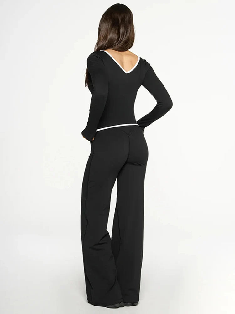 Ensemble pantalon à jambes droites et haut à col en v pour femmes