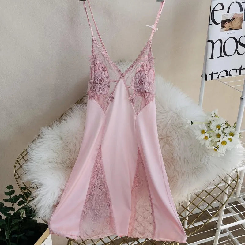 Robe de nuit Sexy en Satin ajouré et bretelles en dentelle pour femmes