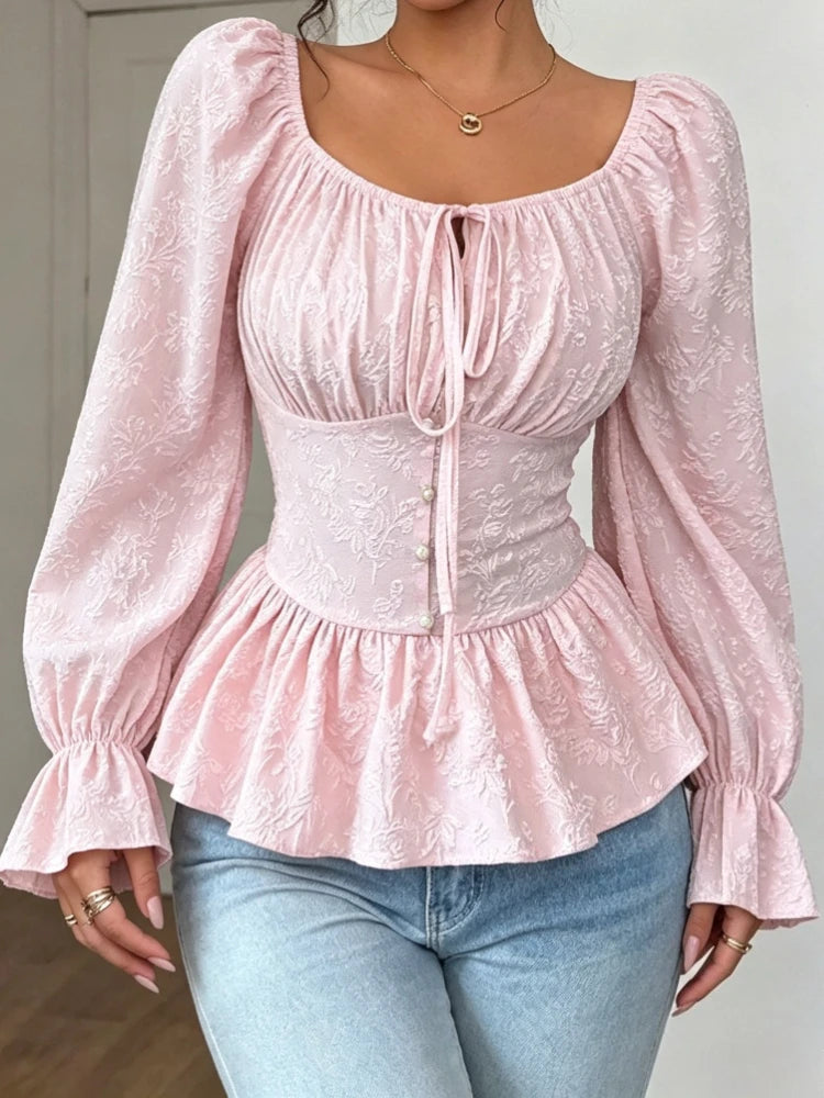 Chemise Jacquard Rose Femme – Col U et Laçage