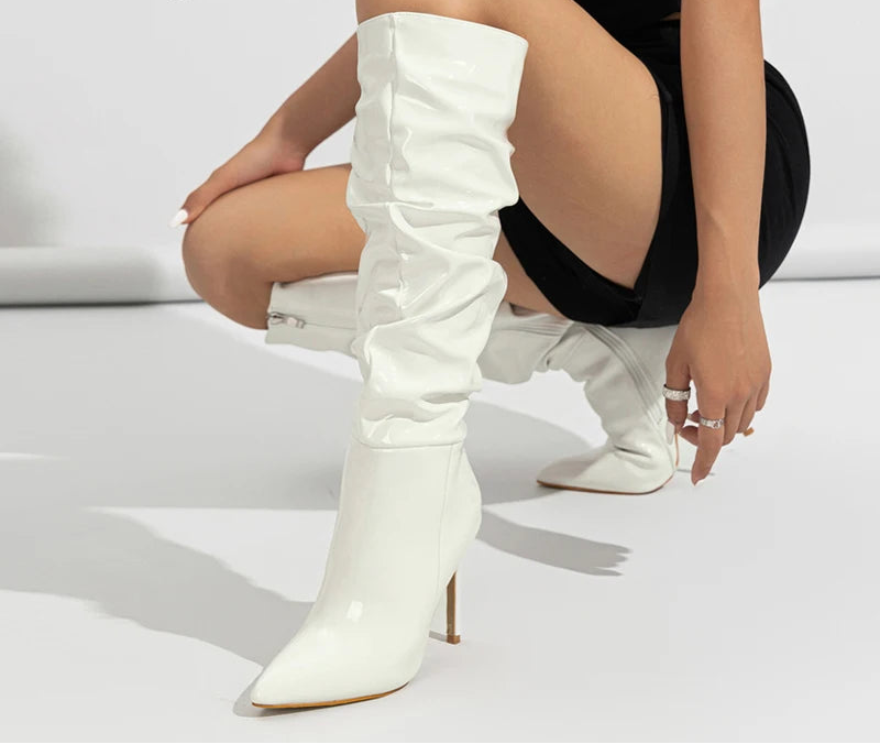 Bottes hautes en cuir verni plissé pour femmes