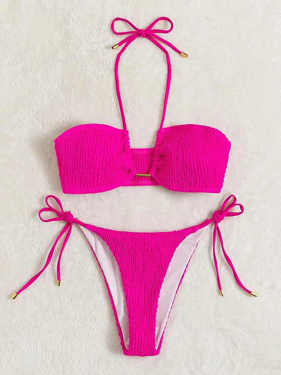 Maillot de bain deux pièces plissé et smocks, pour femmes