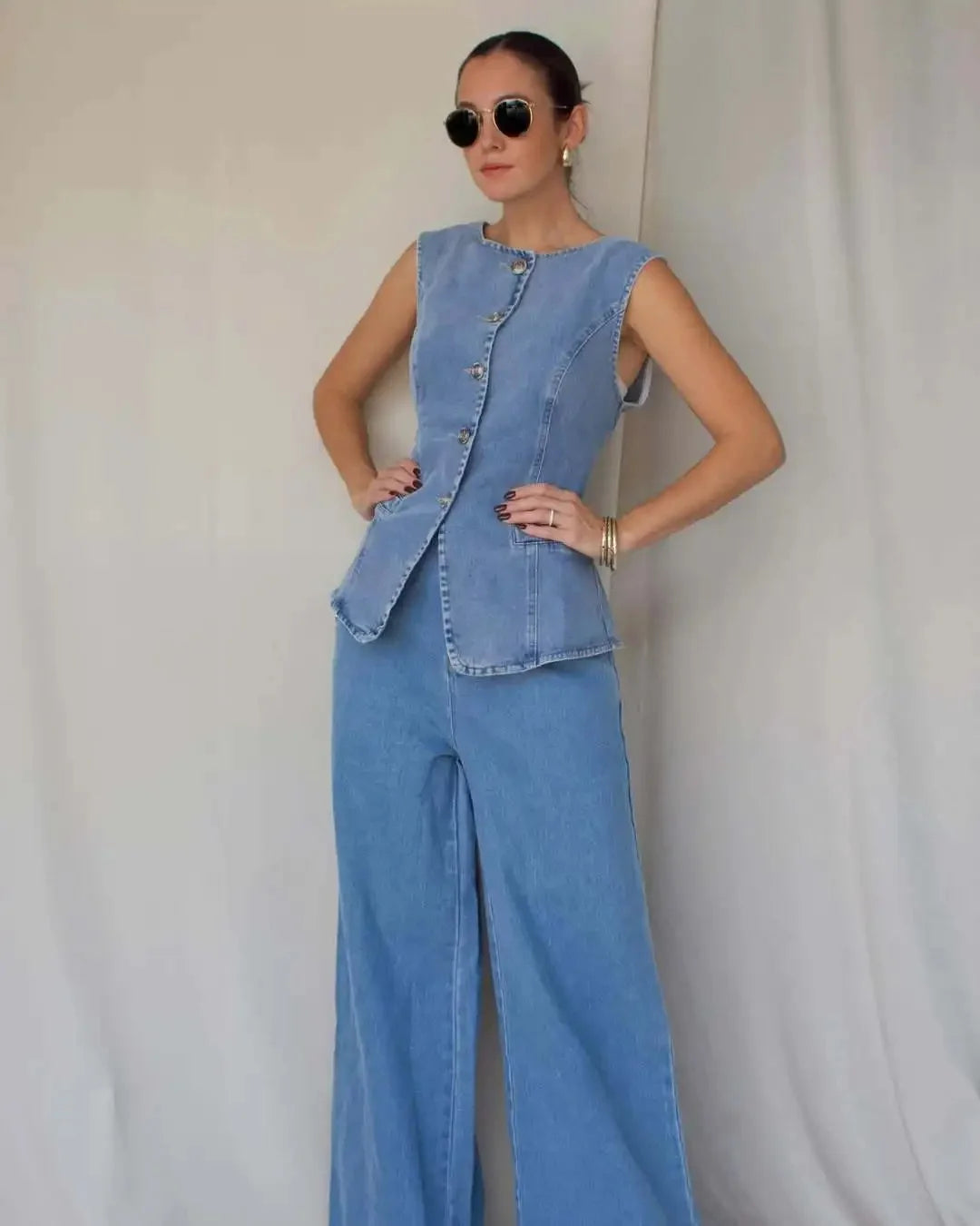 Ensemble gilet et pantalon en jean taille haute amincissant pour femmes