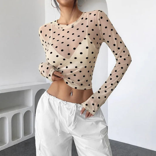 Crop Top à Pois Femme – Maille et Manches Longues