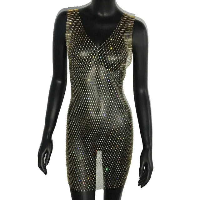 Robe de soirée en résille scintillante, strass, paillettes pour femmes