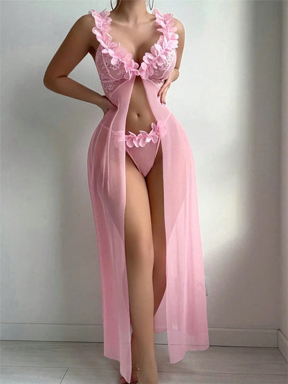 Nuisette Rose Femme – Dentelle Florale et Maille Transparente