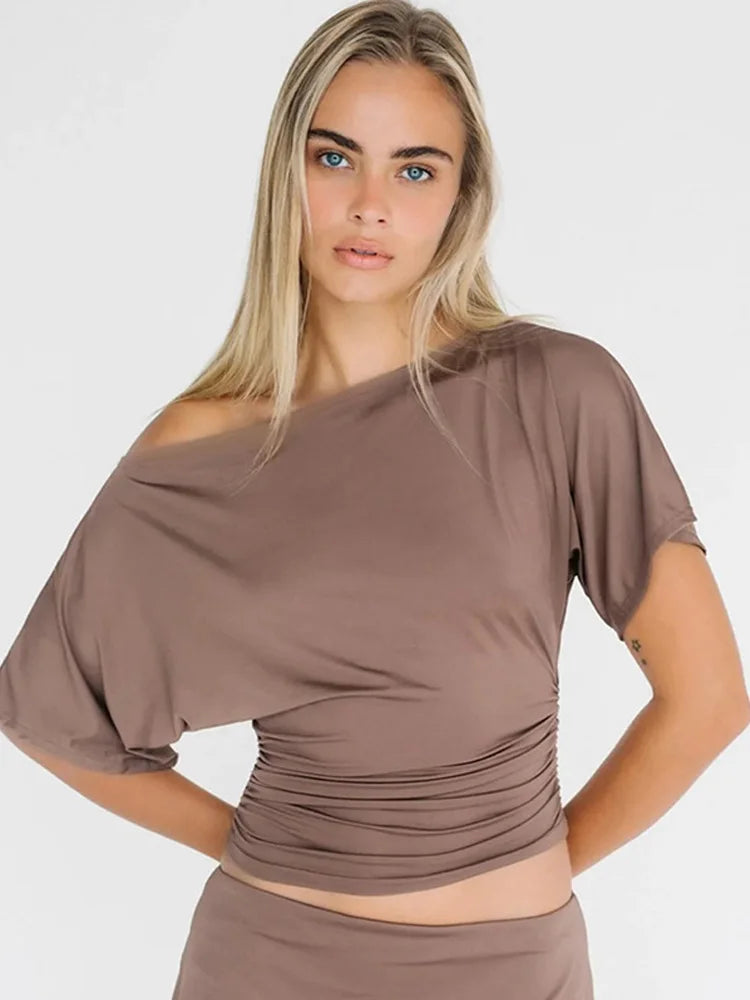 T-shirts court froncé à épaules dénudées pour femmes