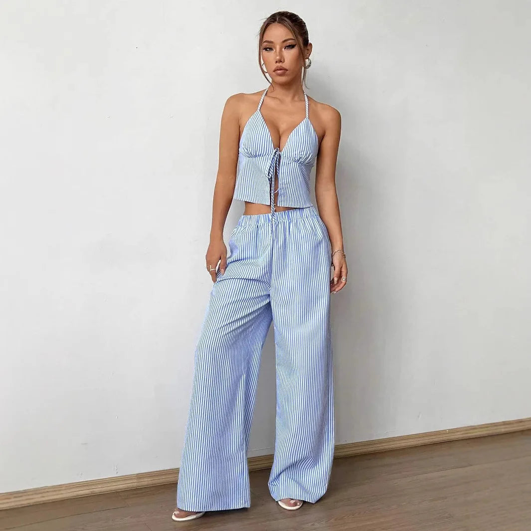 Ensembles deux pièce débardeur rayé imprimé et pantalon droit pour femmes