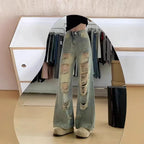 Jean déchiré taille haute à jambe large pour femmes