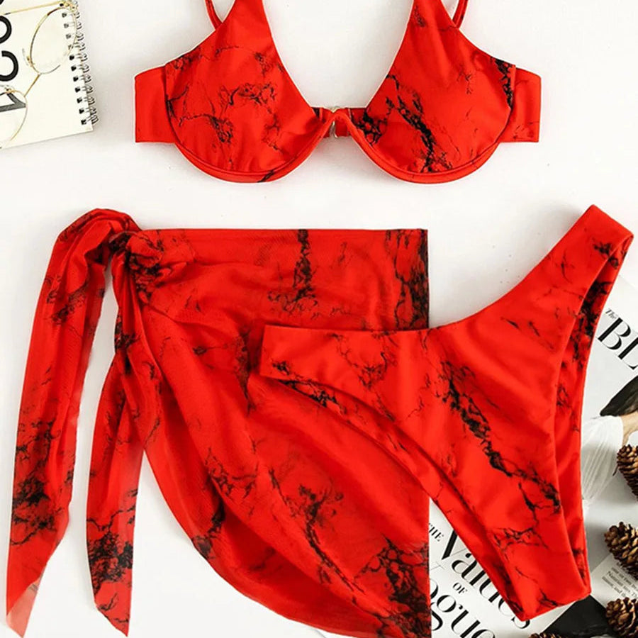 Maillot de bain trois pièces Push Up imprimé marbre, col en v, à armatures, pour femmes