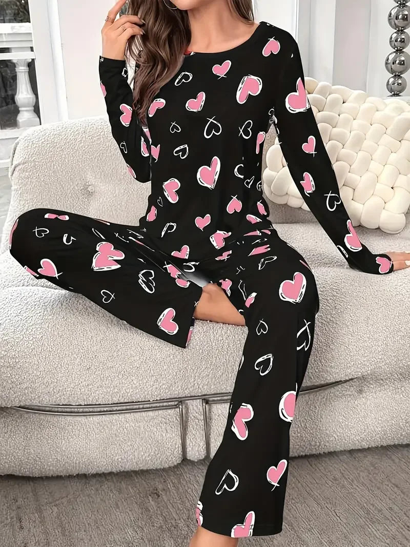 Pyjama à Cœurs Femme – Maille Côtelée et Volants