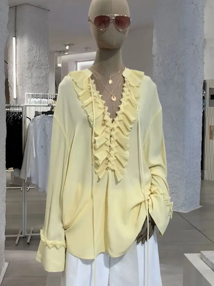 Chemisier en mousseline à volants et lacets pour femmes