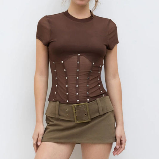 T-shirt Moulant Punk Femme – Patchwork et Rivets