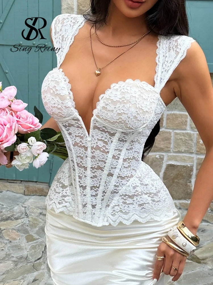 Débardeur corset tendance en dentelle avec armatures pour femmes