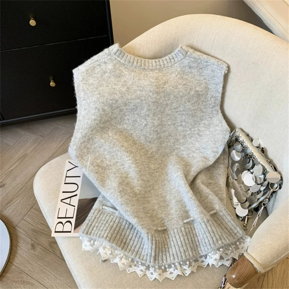 Pull à col rond et bretelles en dentelle pour femmes