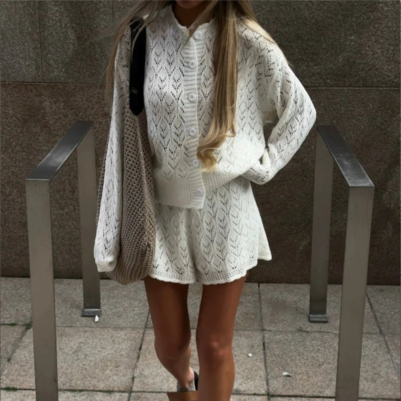 Ensemble short et jupe en maille ajourée pour femmes