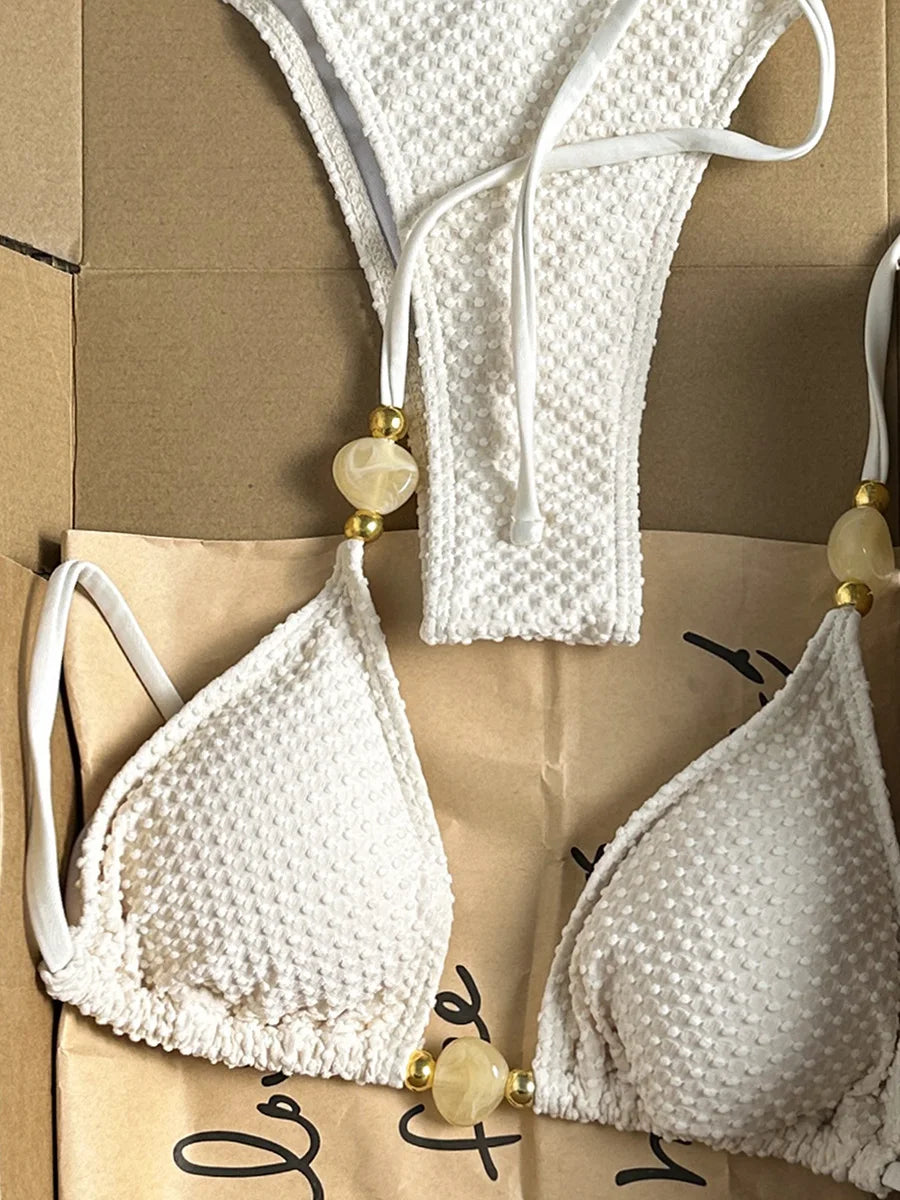 Maillot de bain deux pièces bikini froissé à perles, style brésilien, pour femmes