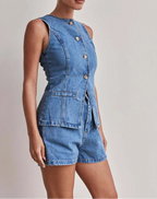 Ensemble deux pièces en jean débardeur sans col, short à poches pour femmes