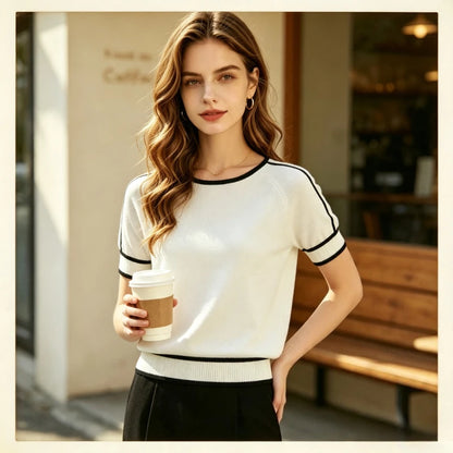 T-shirt en Maille Femme – Col Rond Contrastant