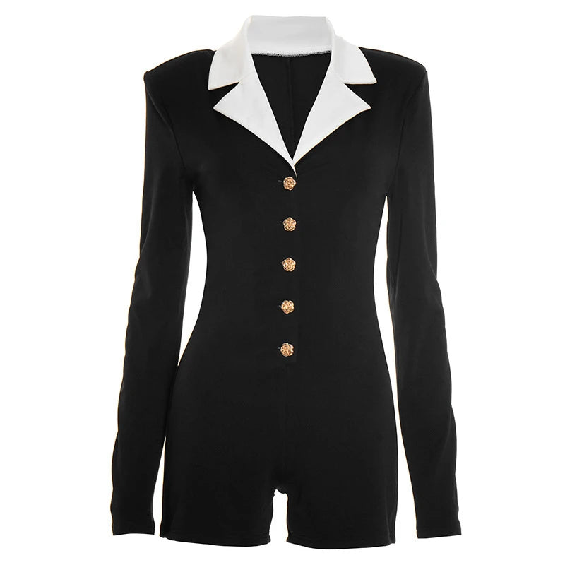 Combishort Ajusté Femme – Col à Revers et Boutons Fleur