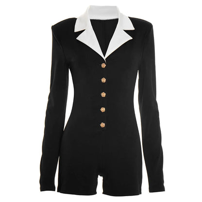 Combishort Ajusté Femme – Col à Revers et Boutons Fleur