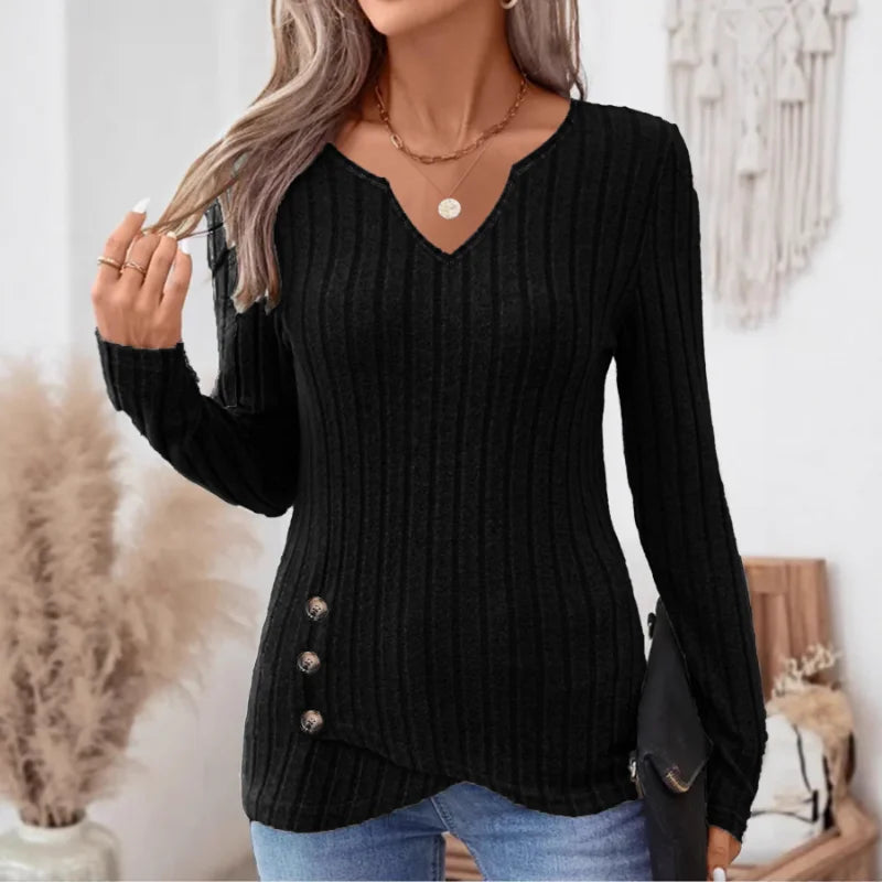 Pull tricotés à manches longues et col en v pour femmes