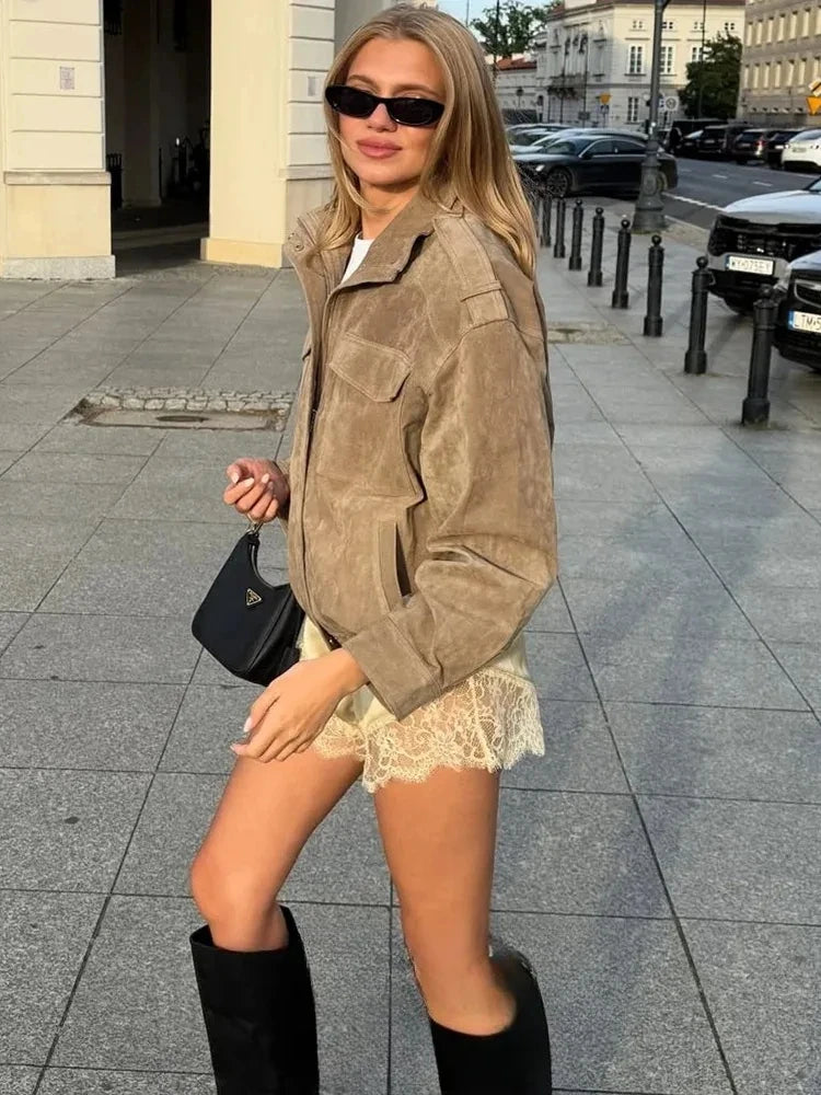 Veste d'hiver en cuir suédé kaki pour femmes