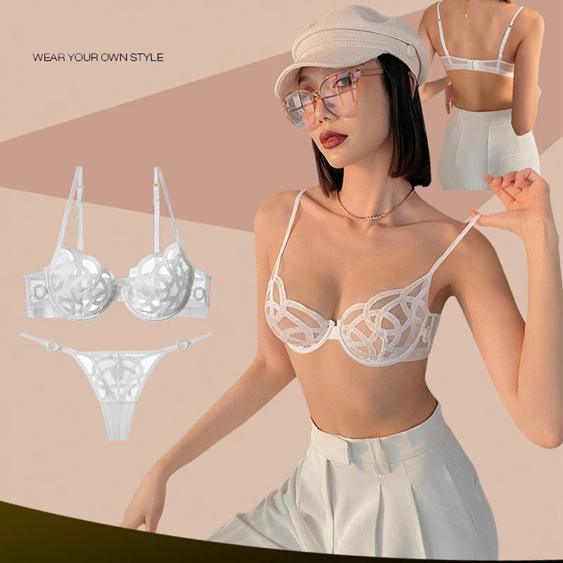 Ensemble soutien-gorge en dentelle ultra fine et respirante, string et culotte pour femmes