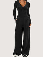 Ensemble deux pièces pantalon à jambes larges et haut à manches longues pour femmes
