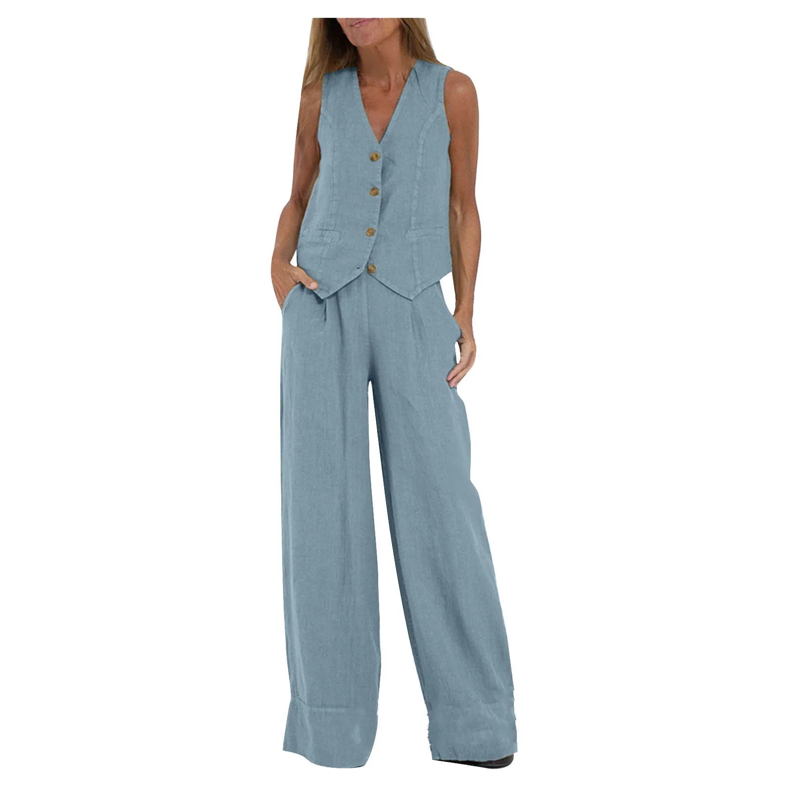 Ensemble deux pièces débardeur et pantalon en coton et lin pour femmes