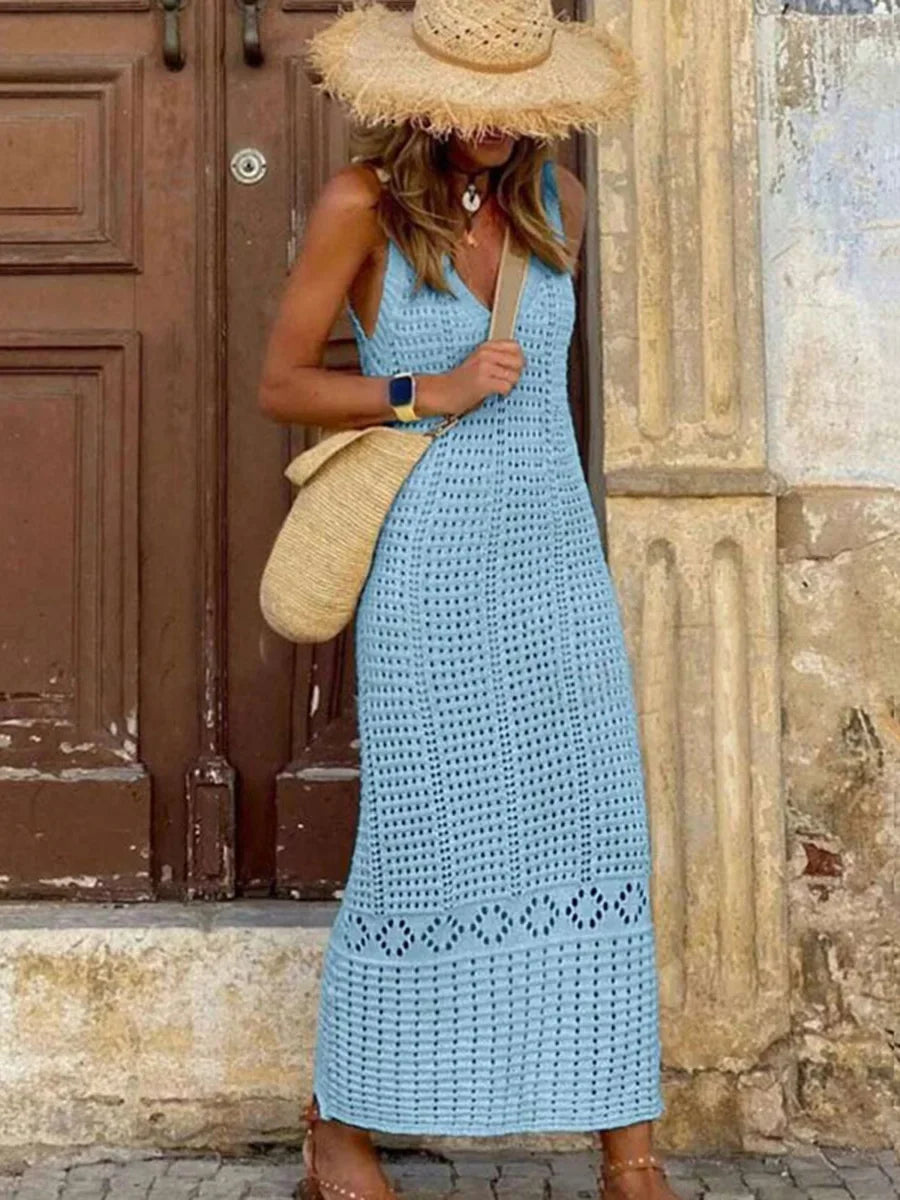 Robe Longue de Plage Femme – Col V et Maille Ajourée