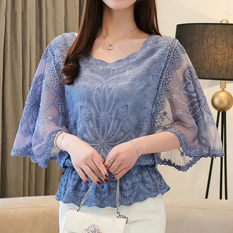 Chemisier en Mousseline Femme – Broderies et Manches Mi-Longues