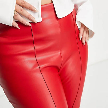 Pantalon Grande Taille en Similicuir à Taille Élastique