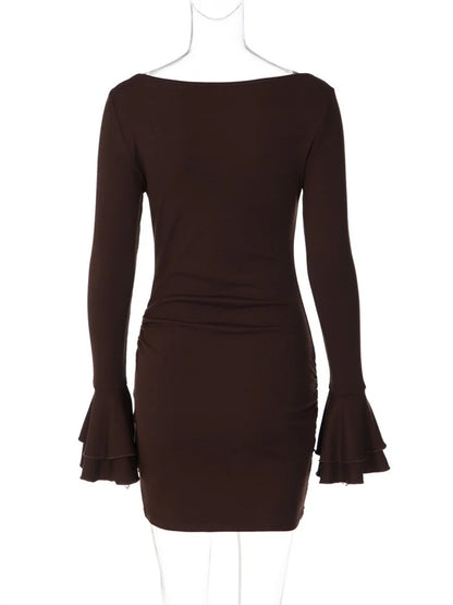 Robe moulante femme marron à manches évasées et drapé