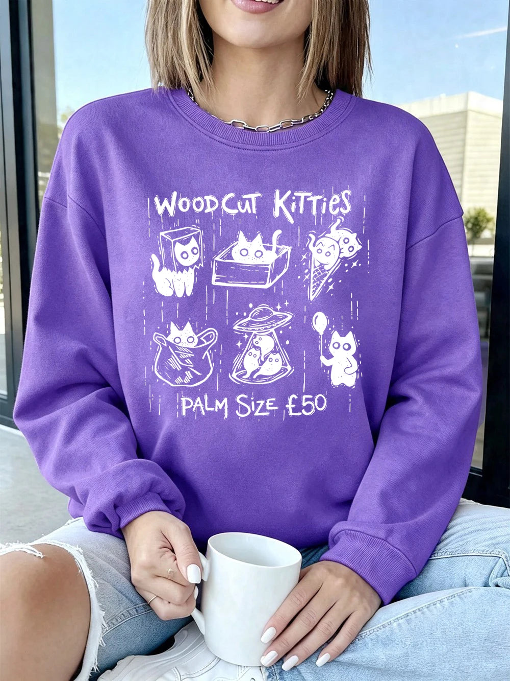 Sweat-shirt à capuche femme à col rond, imprimé chatons de poche pour femmes