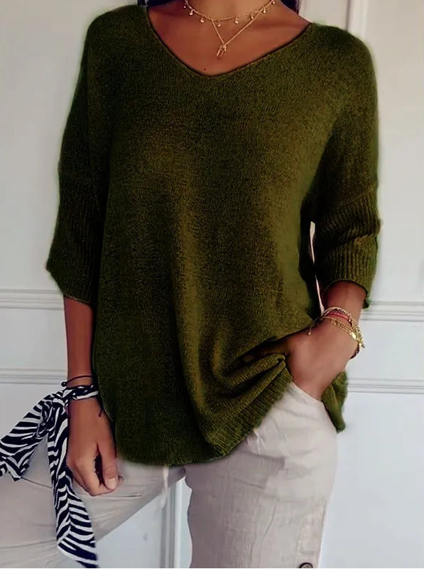 Chemise Décontractée Femme – Col V et Manches 3/4