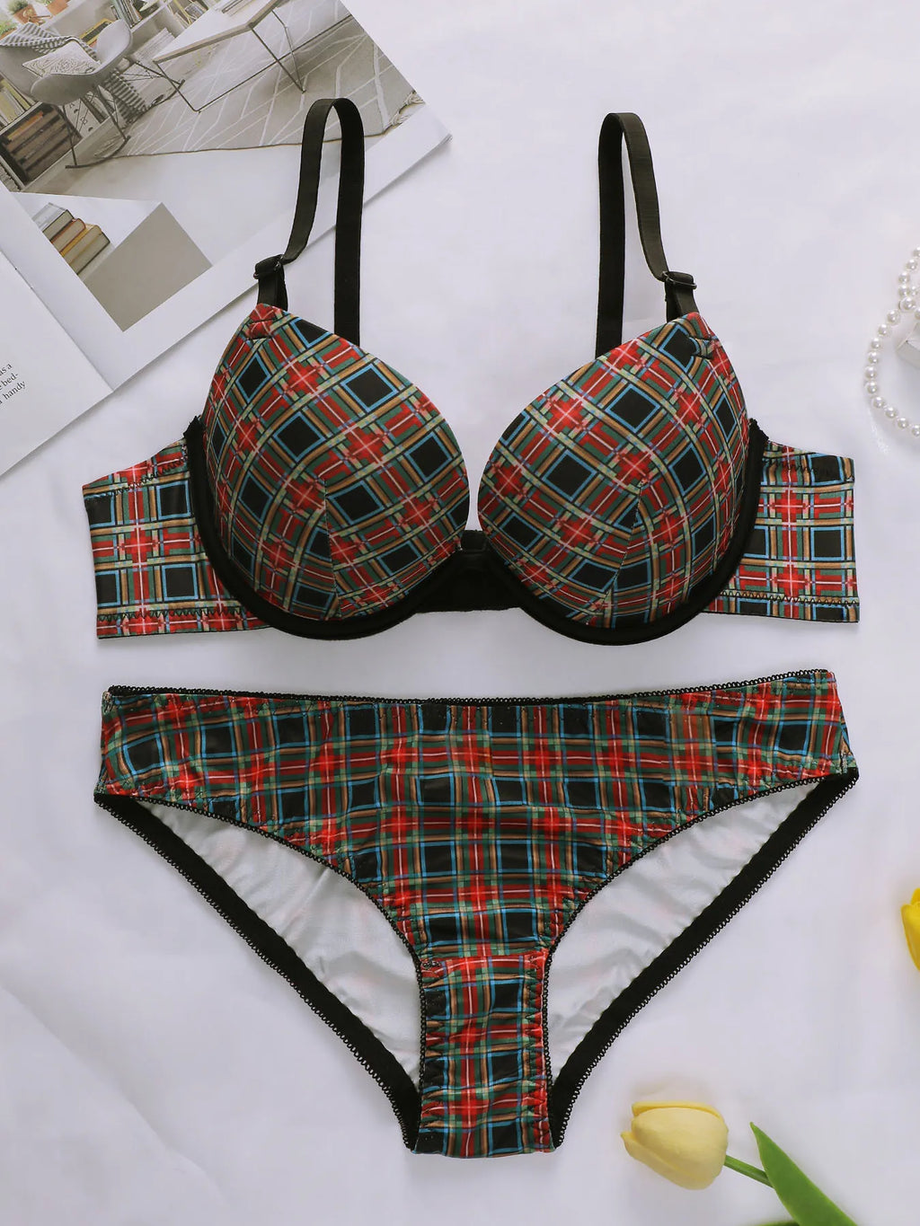 Ensemble de lingerie sexy à carreaux pour femmes