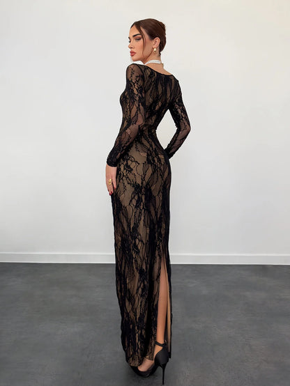 Robe Longue Femme – Dentelle Noire et Blanche et Fente